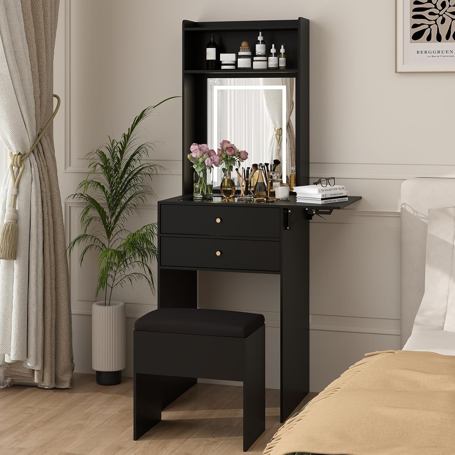 Desk Setup Black And Wood - Mini coiffeuse noire pour chambre à