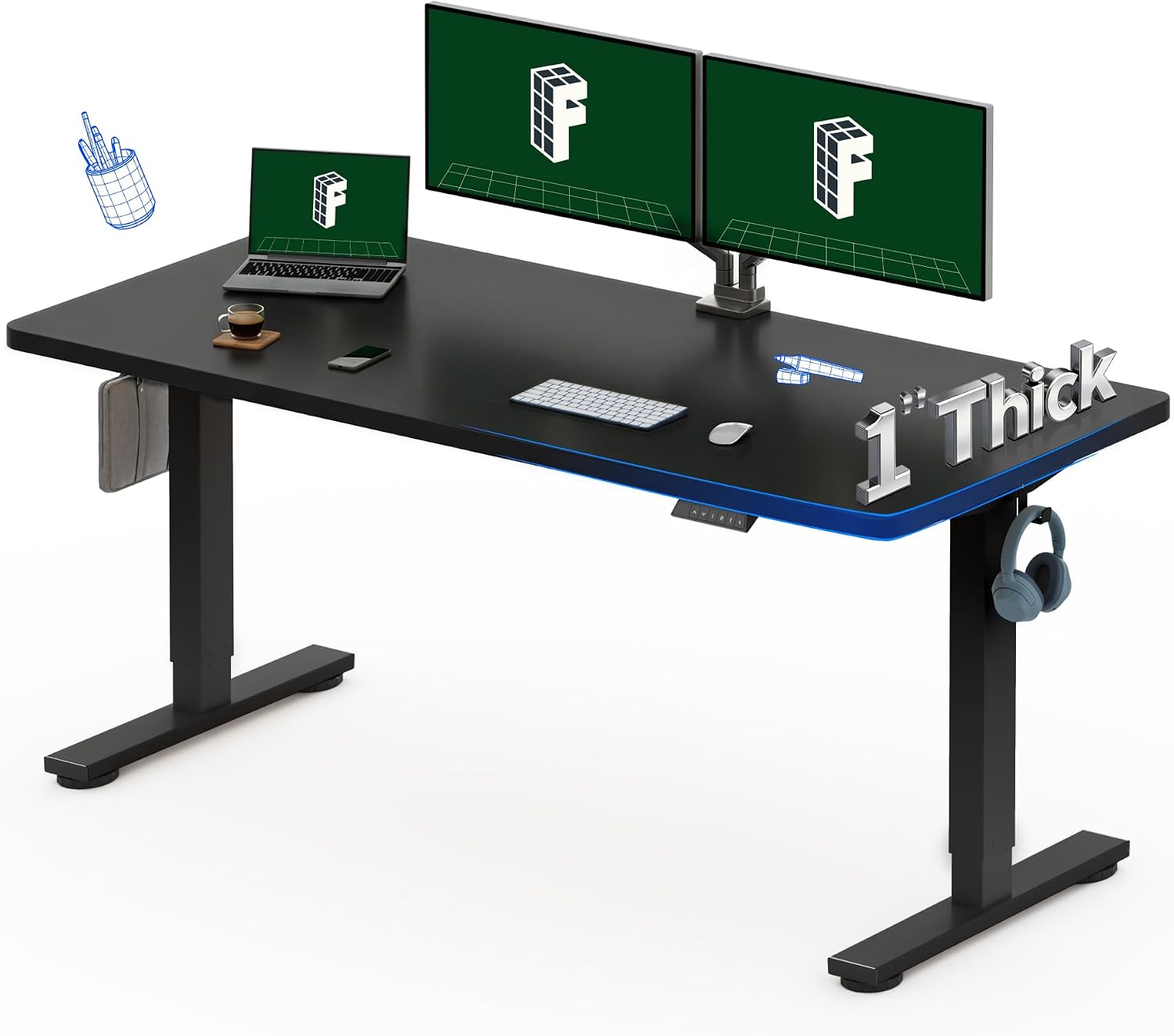 Desk Setup Black And Wood - Bureau debout électrique FLEXISPOT 60