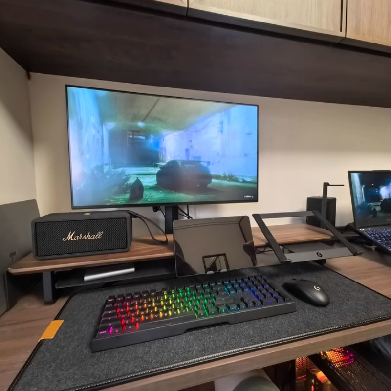 Desk Setup Black And Wood - Support de moniteur modulaire, organisateur de